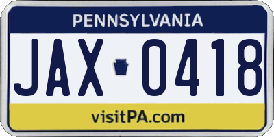 PA license plate JAX0418
