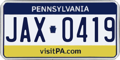 PA license plate JAX0419