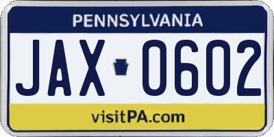 PA license plate JAX0602