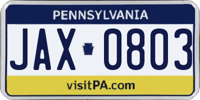 PA license plate JAX0803