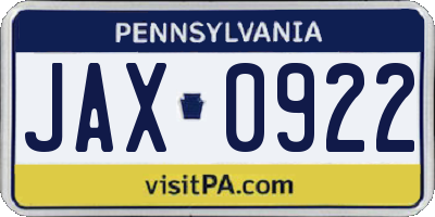 PA license plate JAX0922