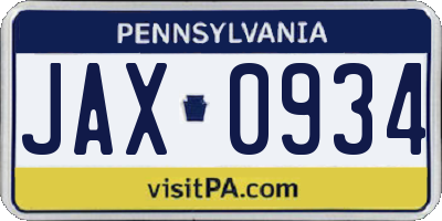 PA license plate JAX0934