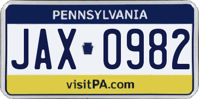 PA license plate JAX0982