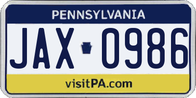 PA license plate JAX0986