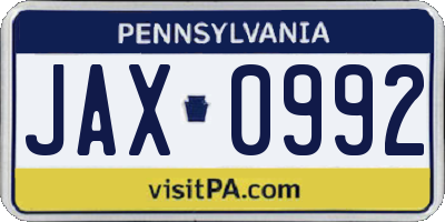 PA license plate JAX0992