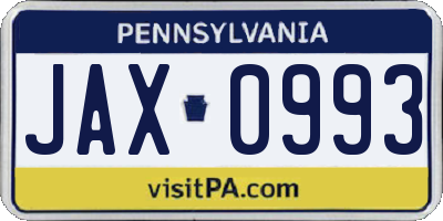 PA license plate JAX0993