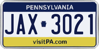 PA license plate JAX3021