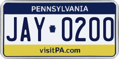 PA license plate JAY0200