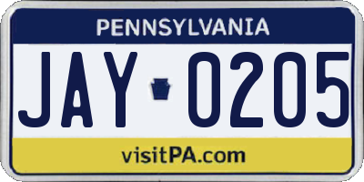 PA license plate JAY0205