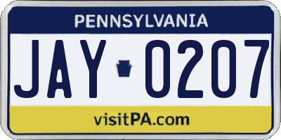 PA license plate JAY0207