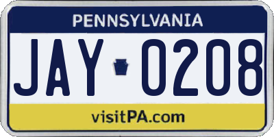 PA license plate JAY0208