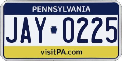 PA license plate JAY0225