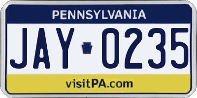 PA license plate JAY0235