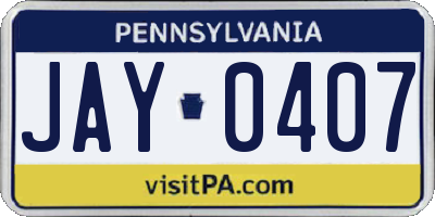PA license plate JAY0407