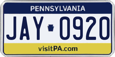 PA license plate JAY0920
