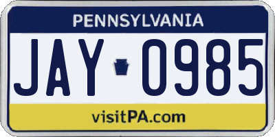 PA license plate JAY0985