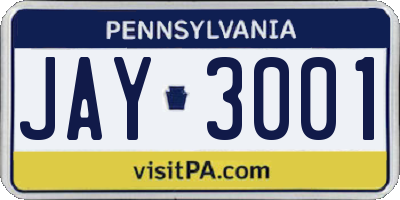 PA license plate JAY3001