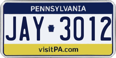 PA license plate JAY3012