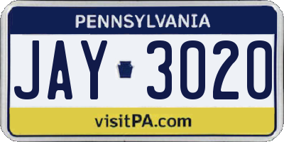 PA license plate JAY3020