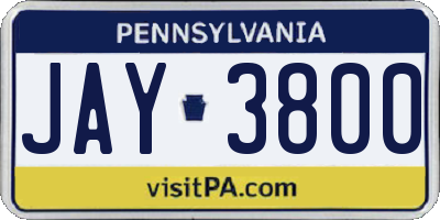 PA license plate JAY3800