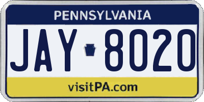 PA license plate JAY8020