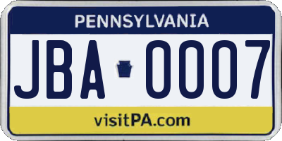 PA license plate JBA0007