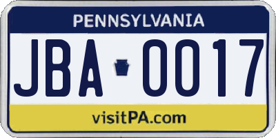 PA license plate JBA0017