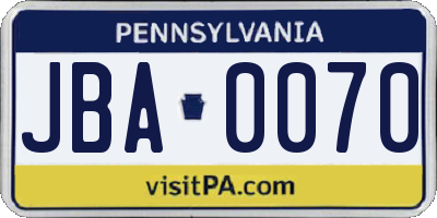 PA license plate JBA0070