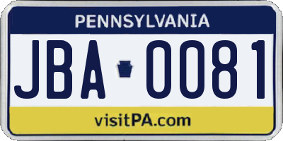 PA license plate JBA0081