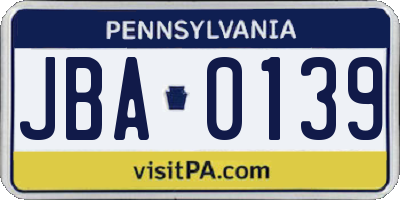 PA license plate JBA0139