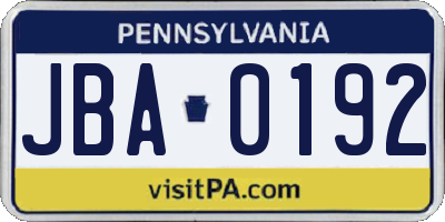 PA license plate JBA0192