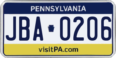PA license plate JBA0206