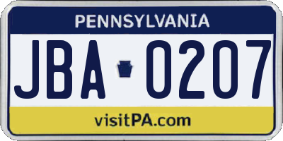 PA license plate JBA0207