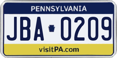 PA license plate JBA0209