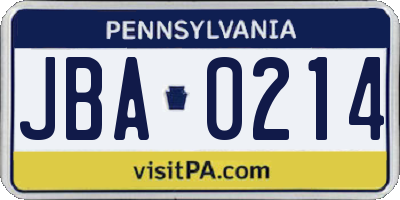 PA license plate JBA0214