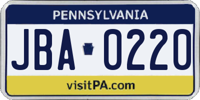 PA license plate JBA0220