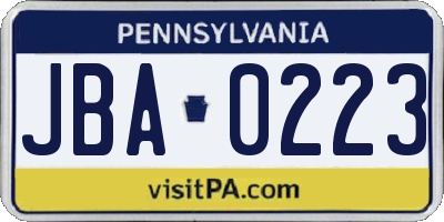PA license plate JBA0223