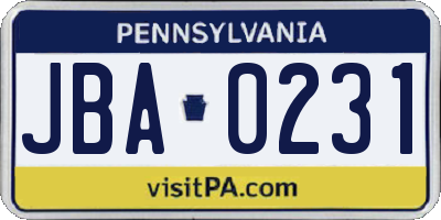 PA license plate JBA0231
