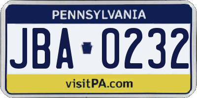 PA license plate JBA0232