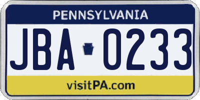 PA license plate JBA0233