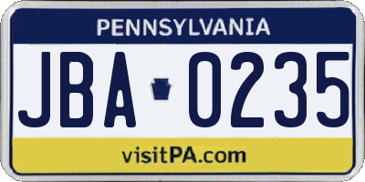 PA license plate JBA0235