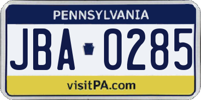 PA license plate JBA0285
