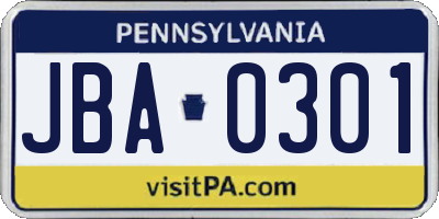 PA license plate JBA0301