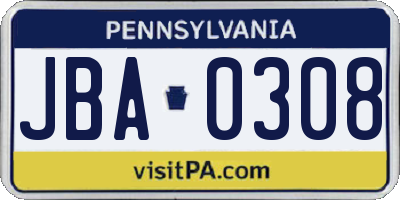 PA license plate JBA0308