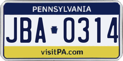 PA license plate JBA0314