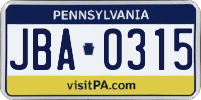 PA license plate JBA0315