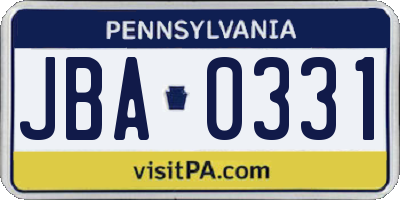 PA license plate JBA0331