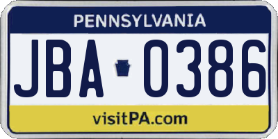 PA license plate JBA0386