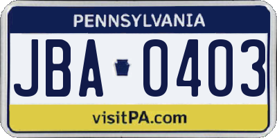 PA license plate JBA0403