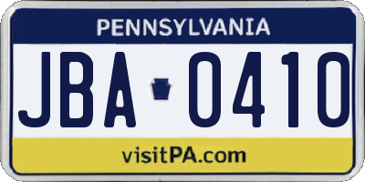 PA license plate JBA0410